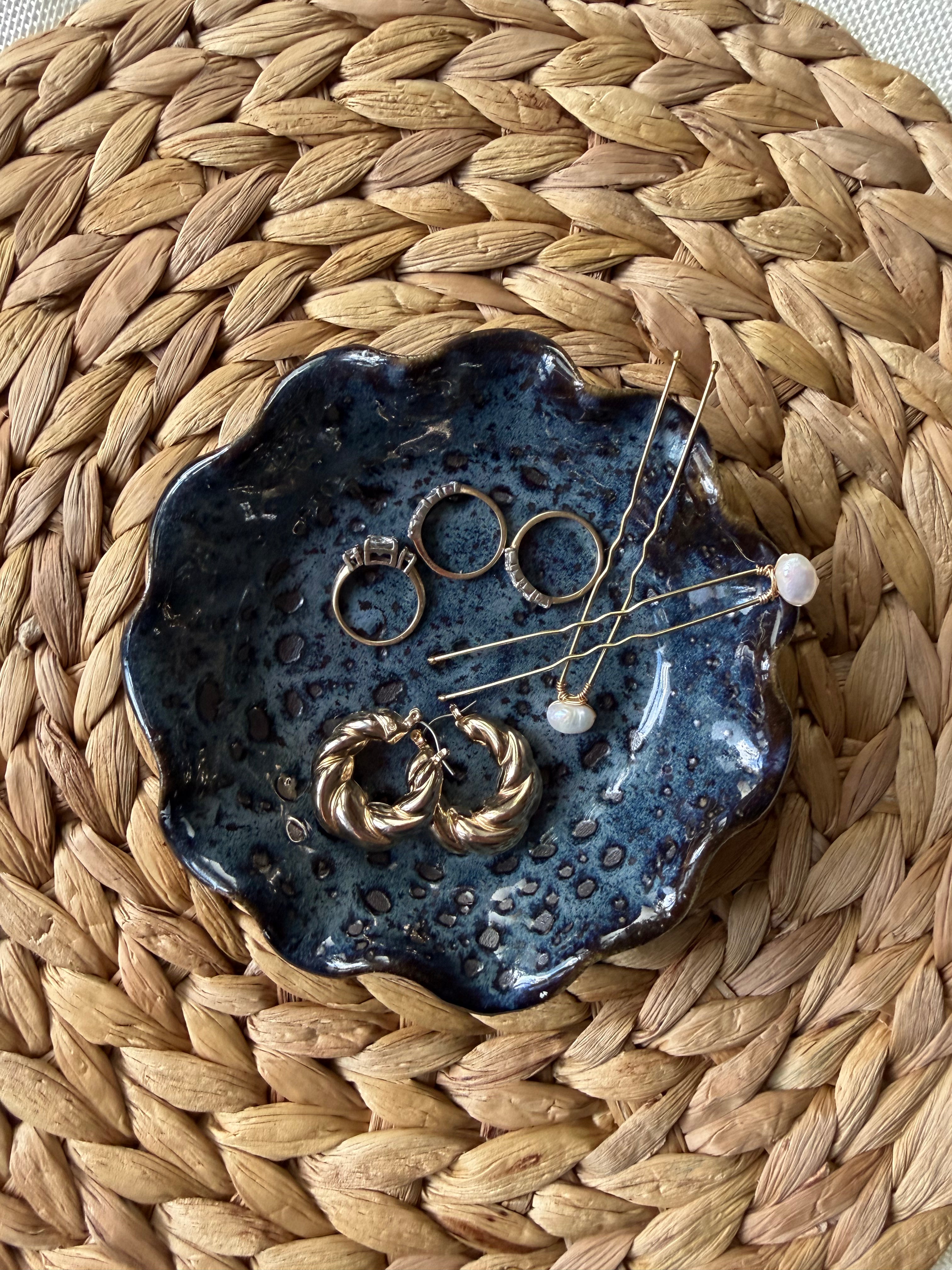 Handmade Ceramic Ring Dish: Spotted Blue Jewelry Holder