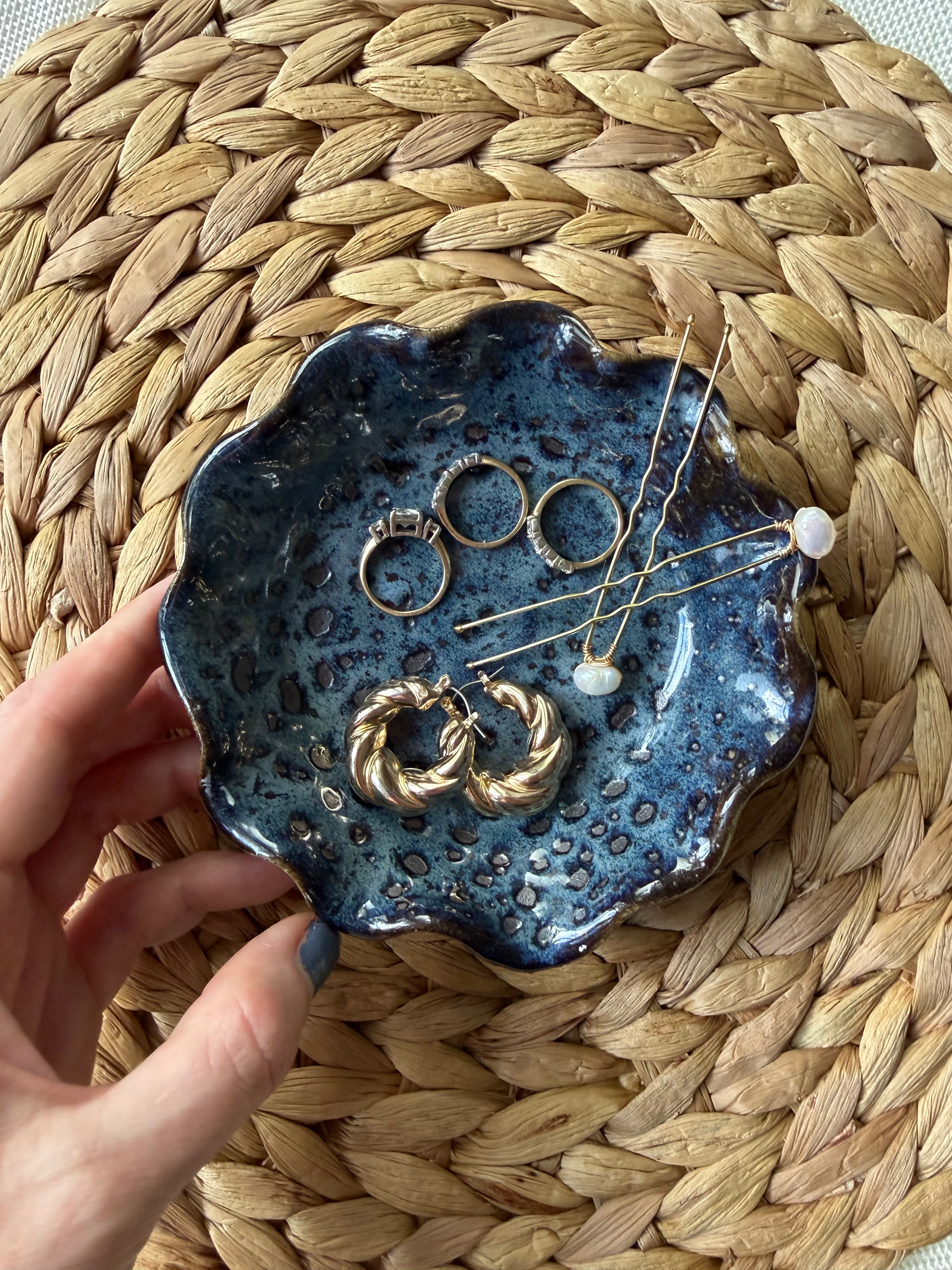 Handmade Ceramic Ring Dish: Spotted Blue Jewelry Holder