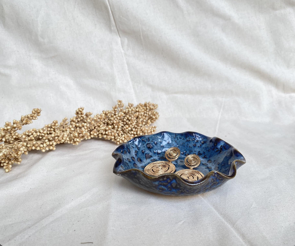 Handmade Ceramic Ring Dish: Spotted Blue Jewelry Holder